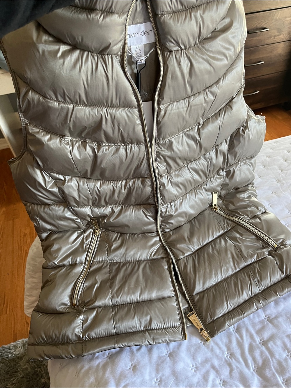 Calvin Klein Metallic Taupe Quilted Puffer Vest
